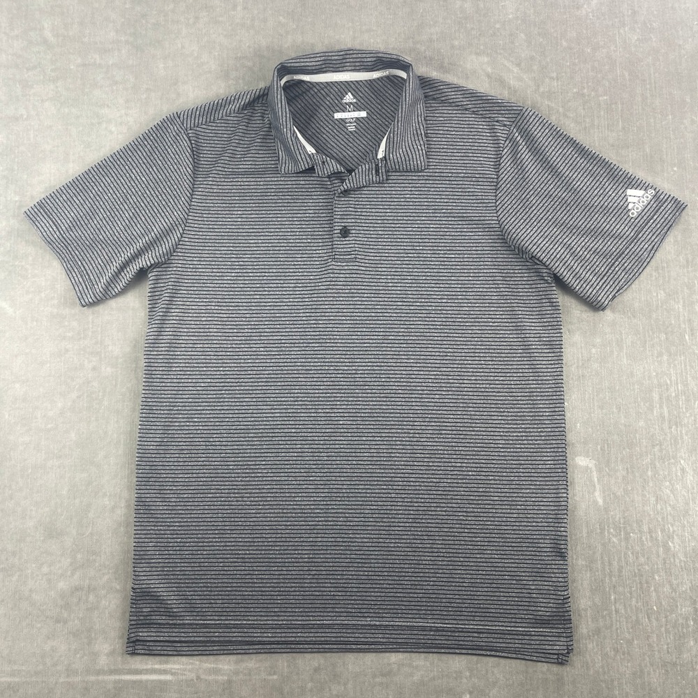 Adidas Mens Medium Gray Striped Golf Polo Shirt Short Sleeve Performance